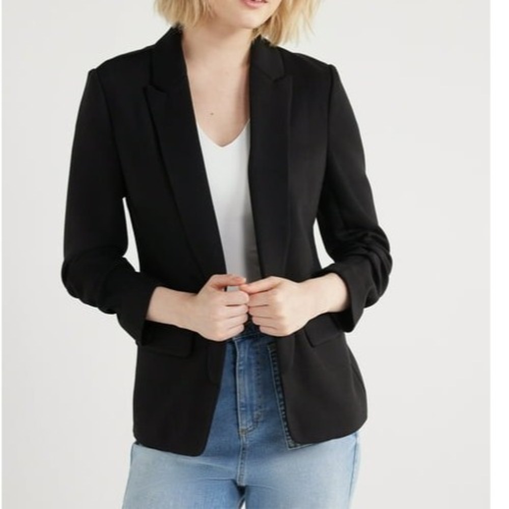 Scoop Womens Blazer Size S Black Scuba Knit Stretch Scrunch Sleeves Knit Comfort - Picture 2 of 6